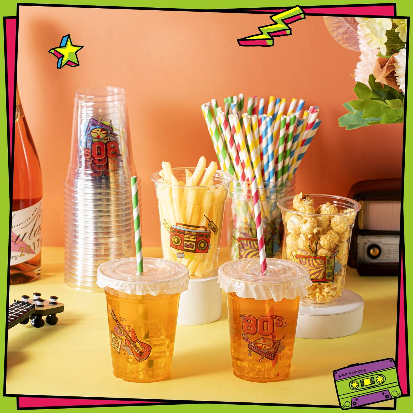 Foldtier 50 Pcs 80'S Party Cups Disposable Plastic Cup 12 Oz G Back To 80S Cups Thick 80S Theme Clear Cup Lids Straws Retro Musi
