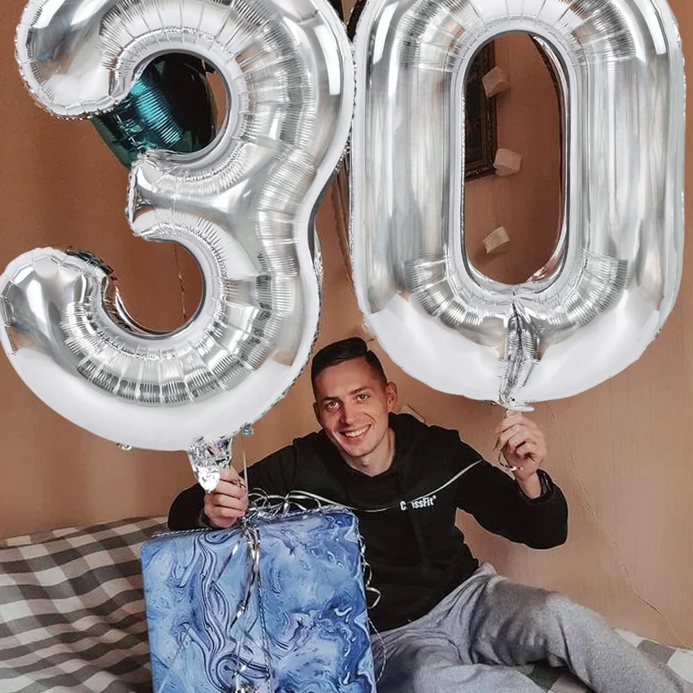 Toniful 40 Inch Silver Large Numbers Balloons Number 30 Digital 30 Helium Balloons, Foil Mylar Big Number Balloons For Birthday
