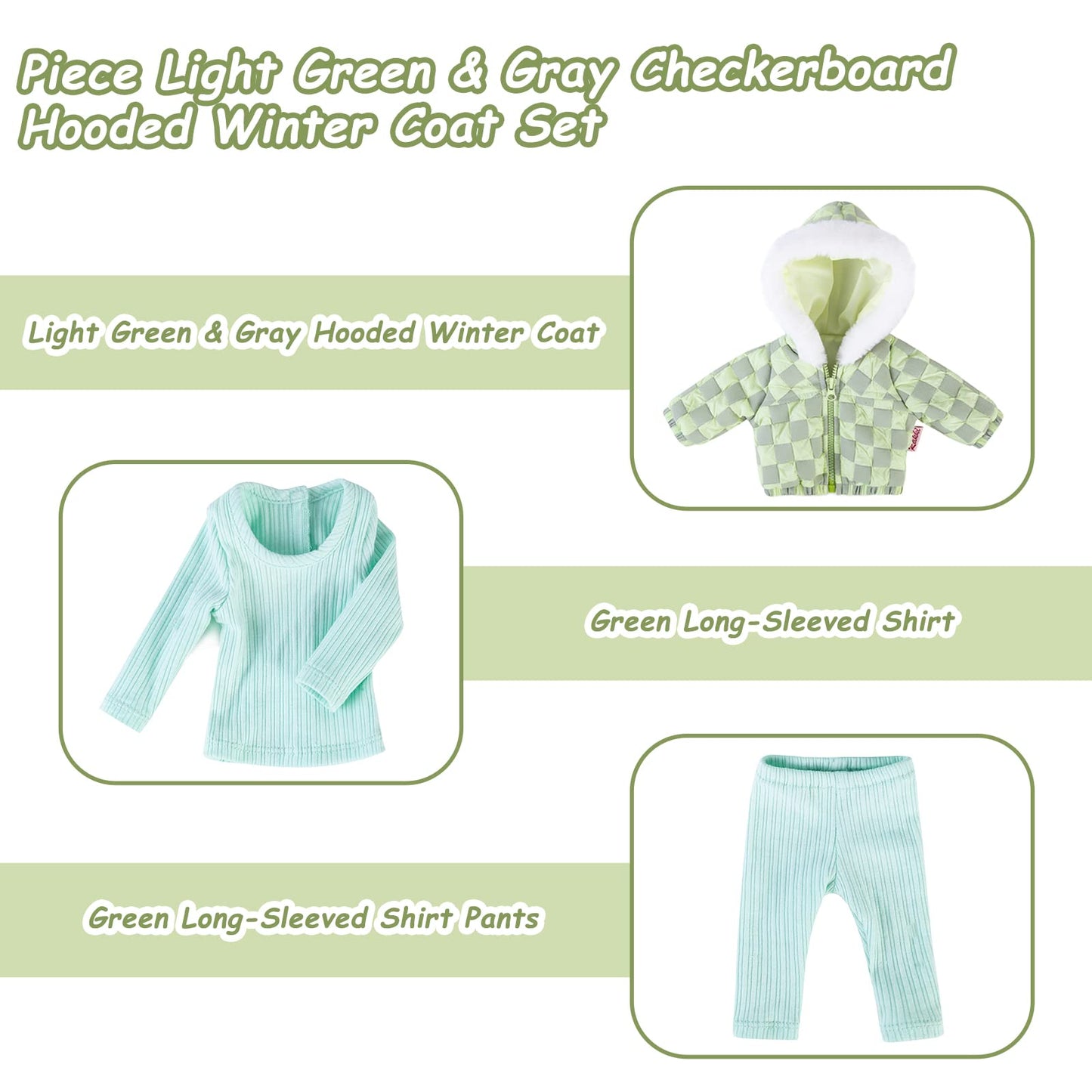 Rakki Dolli Doll Clothes 3 Pc. Set Light Green Grey Plaid Hooded Thick Coat Checkerboard Jacket With Long Sleeve, Warm Doll Outfit Hoodie Snowsuit Fits For 18' Dolls (Doll & Shoes Not Included) 013