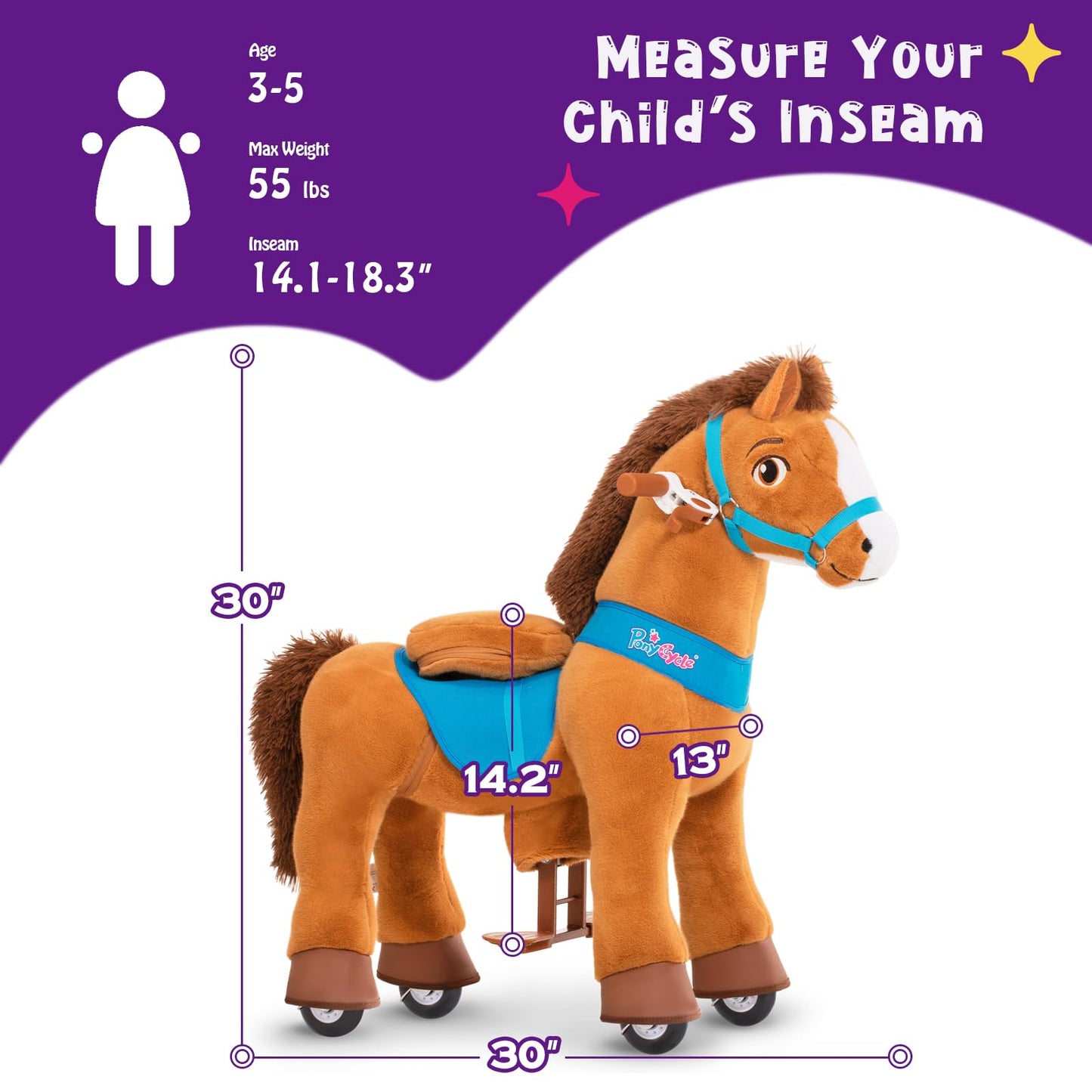 Ponycycle Ride On Toy Riding Horse Ride-On Horse For Toddler Riding Pony Toy (With Brake/ 30' Height/Size 3) Plush Animal Mechanical Pony Rider With Wheels Spirit Toys Birthday Surprise Brown E337