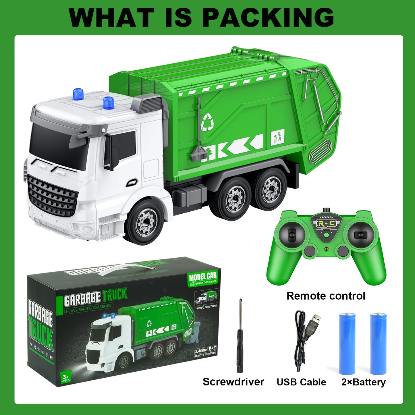 CALEST 2.4Ghz Remote Control Garbage Truck Toys,1/24 RC Garbage Truck with 6 Channel Remote Control Waste Management Garbage Tru