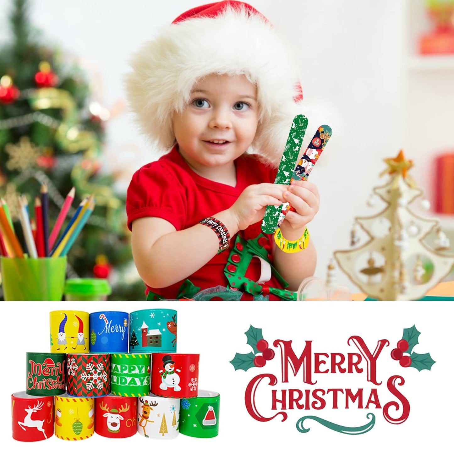 SUNPROUND 100Pcs Christmas Slap Bracelets, Christmas Party Favors for Kids, Christmas Stocking Stuffers, Christmas Toys For kid
