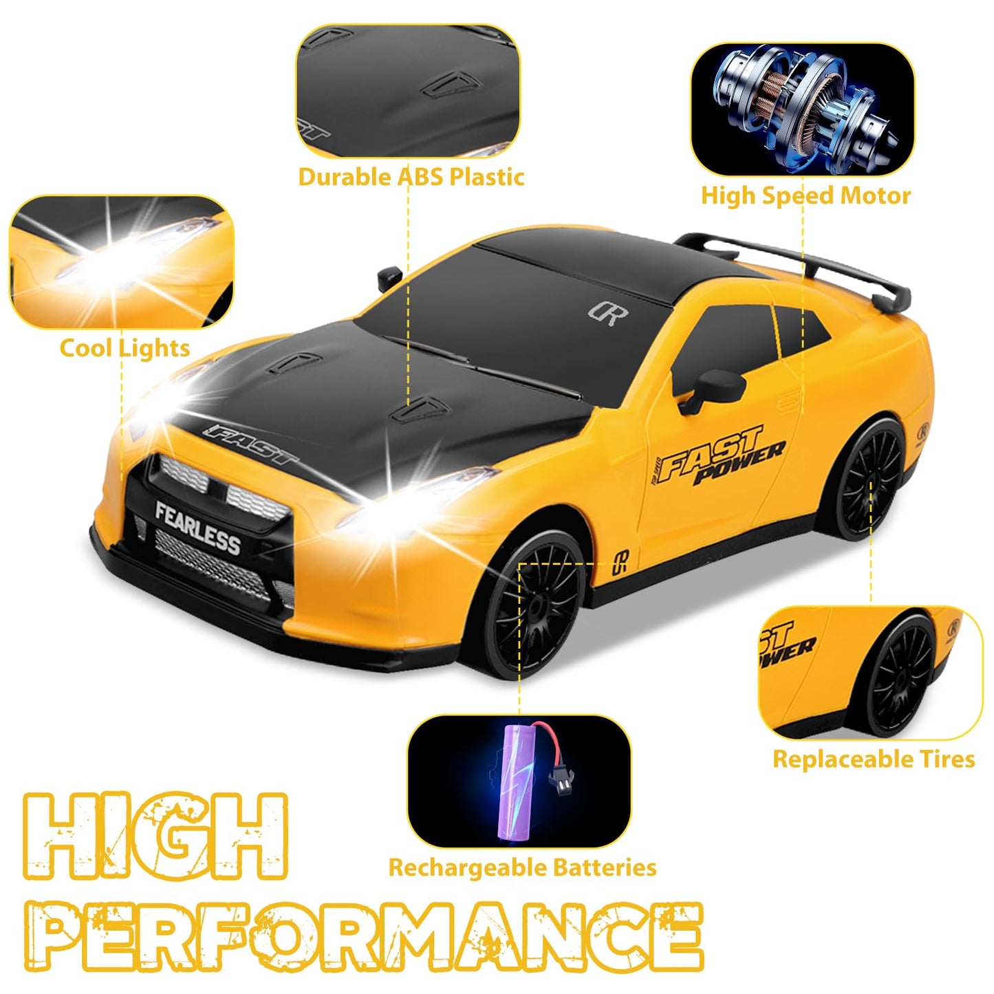 YUAN PLAN Remote Control Car 1/24 2.4GHz 4WD RC Drift Car, Rechargeable High Speed RC Cars with Cool Lights, Batteries and Extra