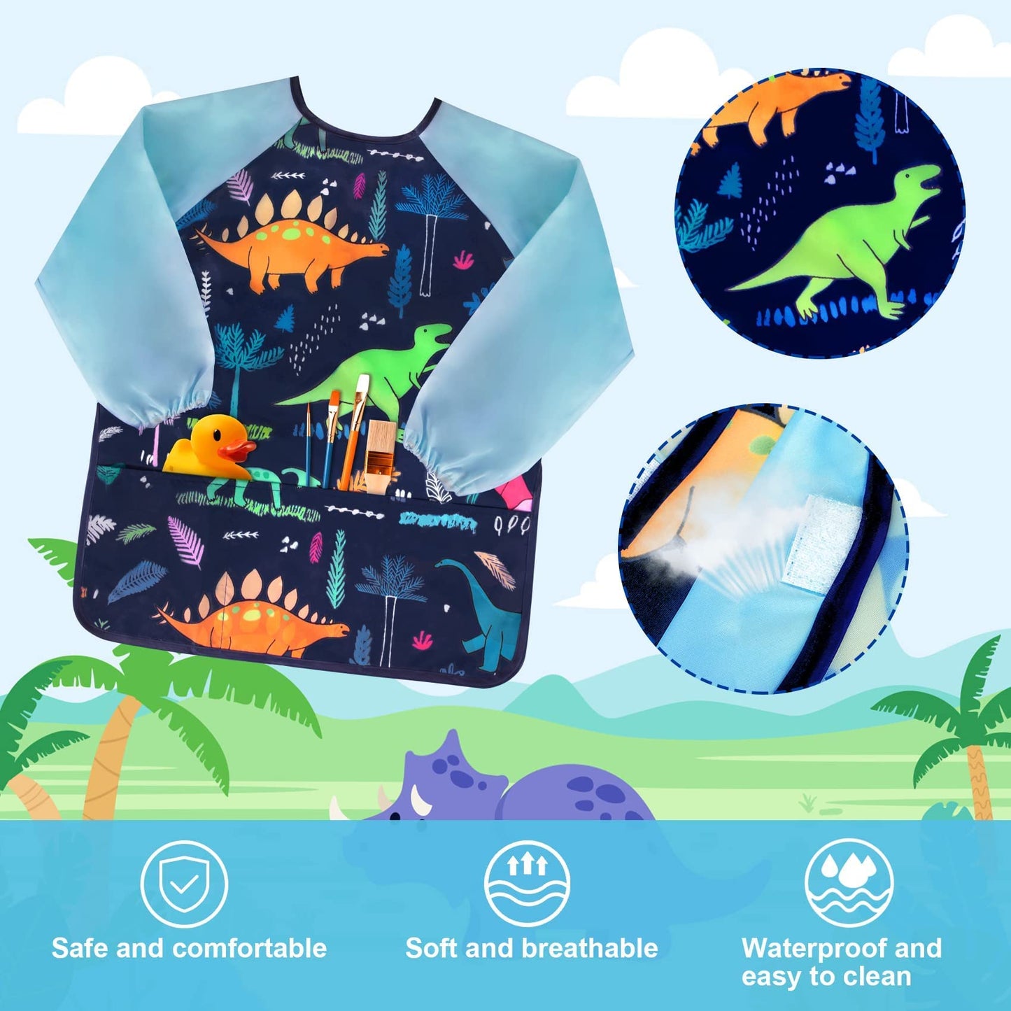 Bassion 2 Pack Smocks For Kids, Toddler Art Smock Artist Painting Aprons Waterproof Long Sleeve With 3 Pockets For Age 2-6 Years