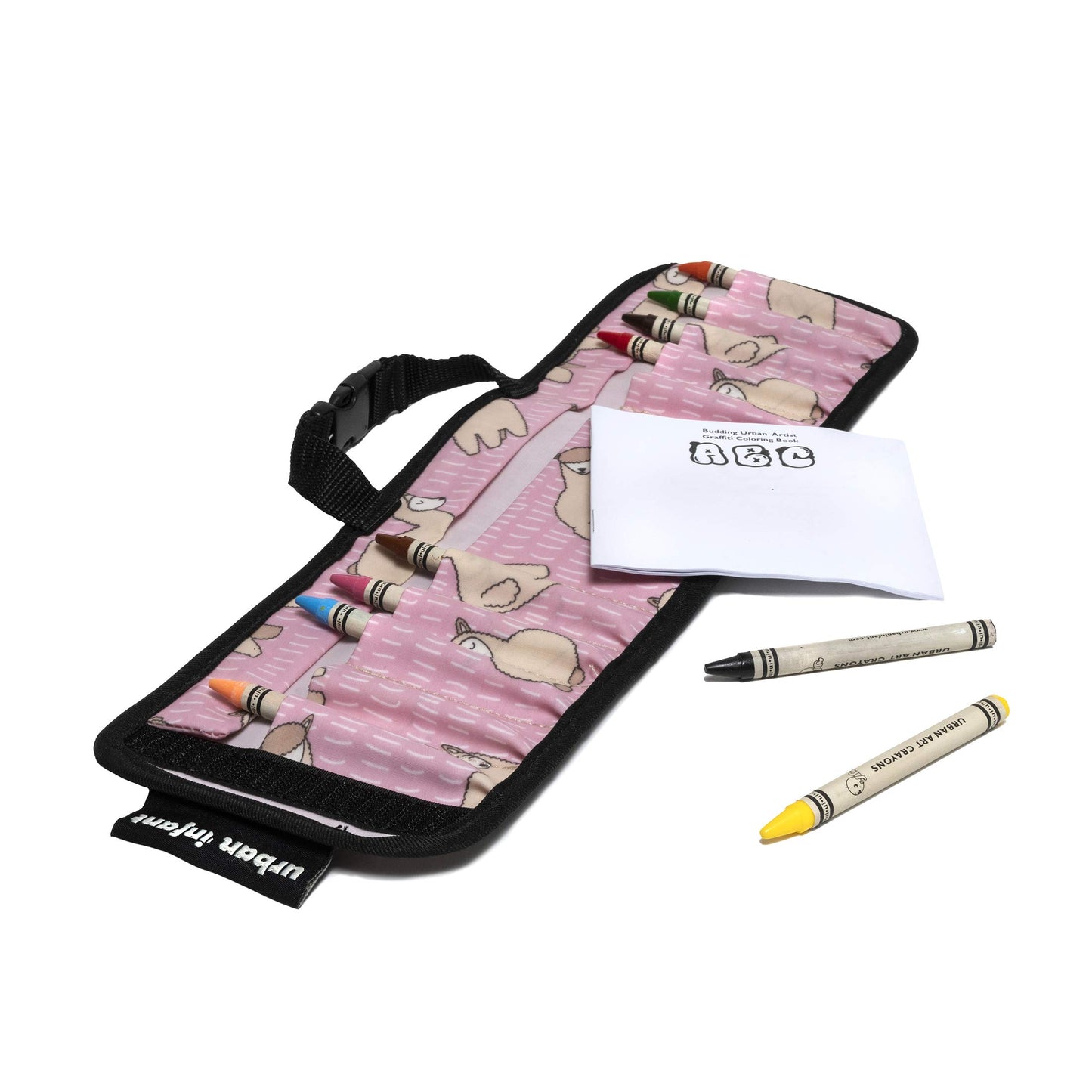 Urban Infant Kids Crayon Travel Case Carrier – Comes With Set Of 10 Non-Toxic Crayons And Draw Booklet – Toddler Activity – Easy Wallet-Style Close And Clipping Handles - Llamas