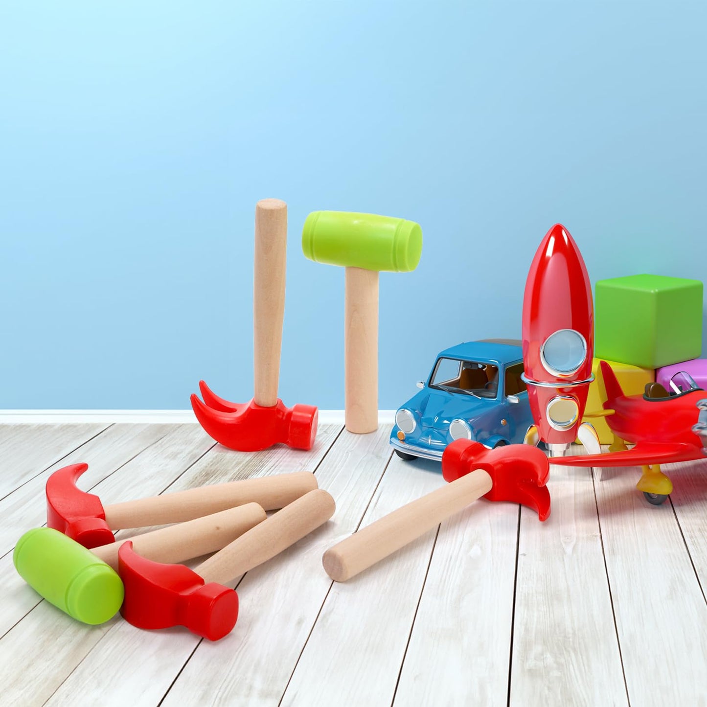 Nagpew Kids Hammer Toy Set - 10 Pack Wooden Simulation Tools, 6.3" Red & 5.7" Green, Educational Pretend Play for Boys & Girls