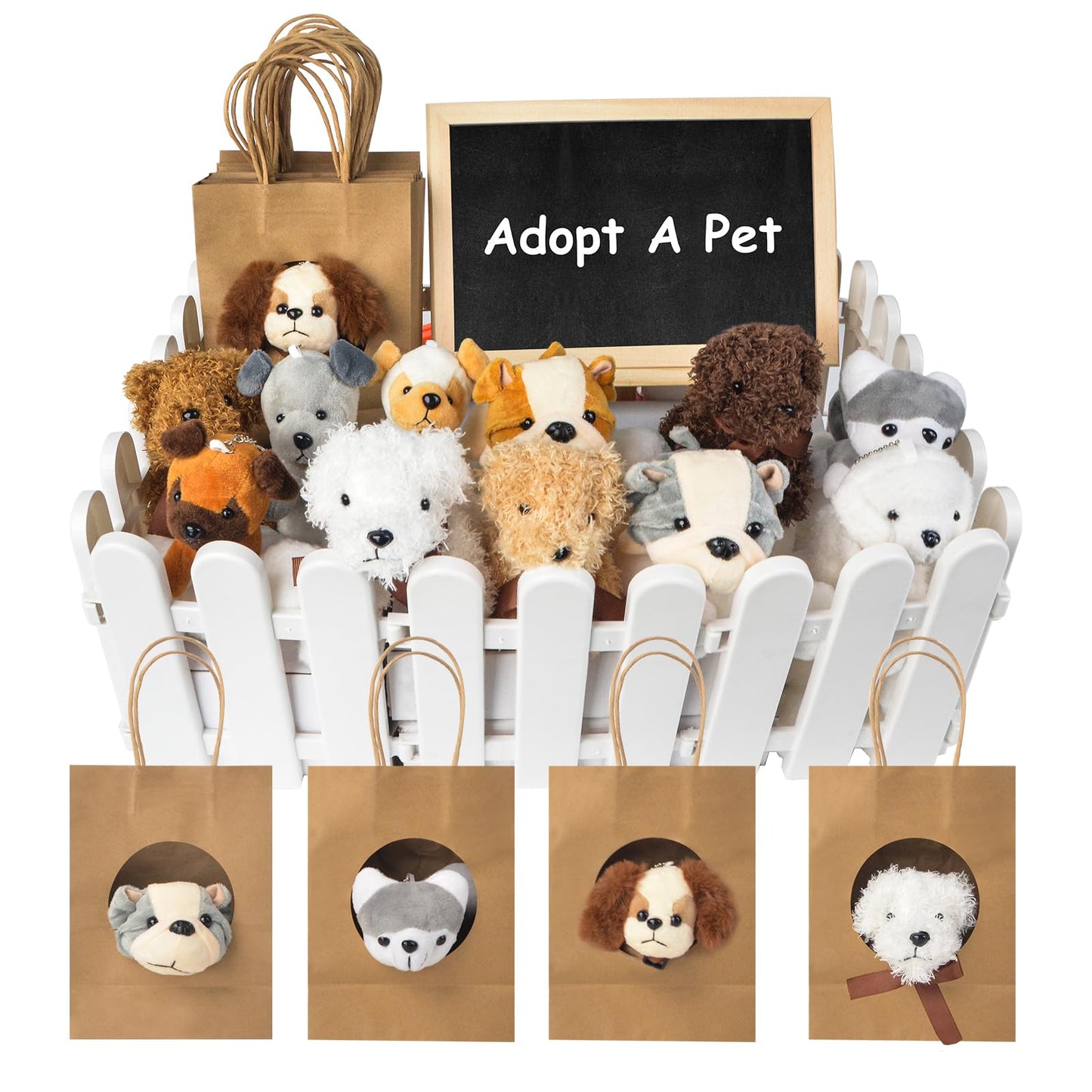 Letesult 36Pcs Adopt A Puppy Party Favors, Mini Stuffed Animals Adopt A Dog Set Includes 12 Stuffed Dogs 12 Kraft Paper Bags 10