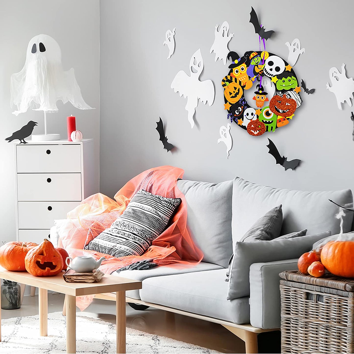 Winlyn 12 Sets Halloween Wreath Decorations Foam Halloween Wreath Signs Craft Kits Pumpkins Jack-O`-Lantern Owl Ghost Witch Bats Monster Stickers For Kids Art Gift Favors Trick-Or-Treaters Front Door