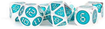 Fanroll By Metallic Dice Games 16Mm Metal Polyhedral Dnd Dice Set: Silver W/Teal Enamel, Role Playing Game Dice For Dungeons And