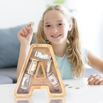 Wood City Letter Piggy Bank For Adults Boys Girls Kids, Wooden 9 Inch Large Personalized Bills And Coins Bank Money Box, Customi