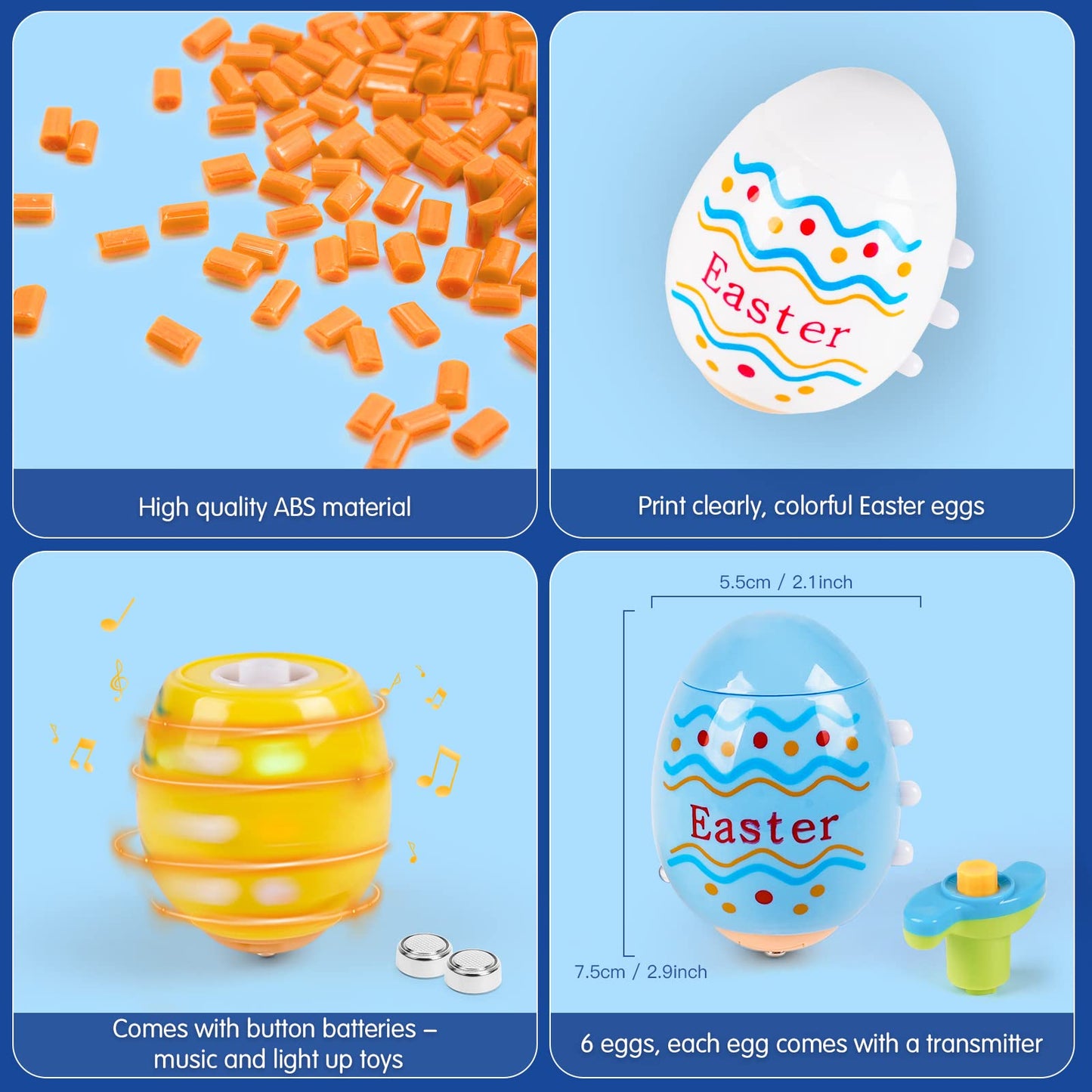 Vatos Easter Toys Eggs For Kids - 6 Pack Lighting & Spining & Singing Plastic Colorful Easter Toys Egss, Easter Basket Stuffers Party Favors Easter Toys Gifts For Kids 3+ Boys Girls