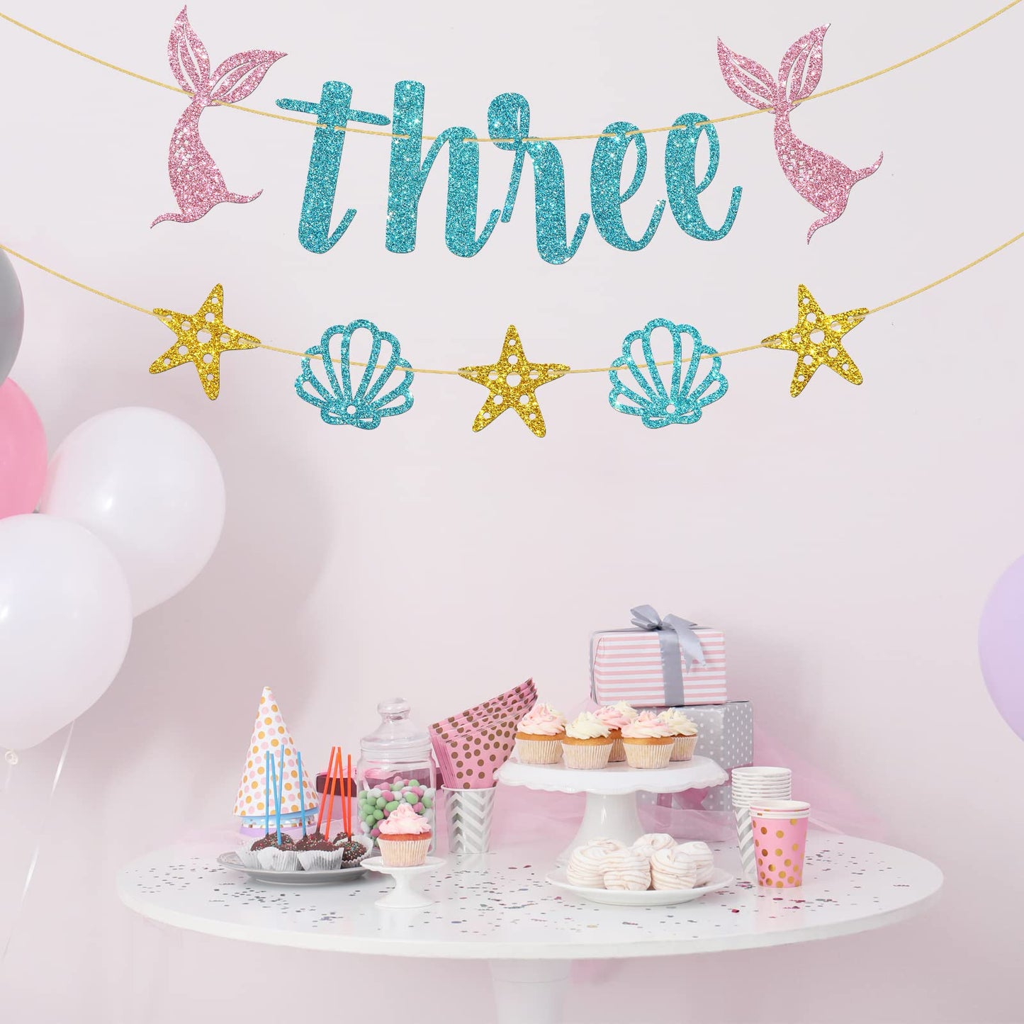 WeBenison Mermaid 3rd Birthday Banner - Pink & Blue Glitter Paper Bunting for Under The Sea Party Decorations