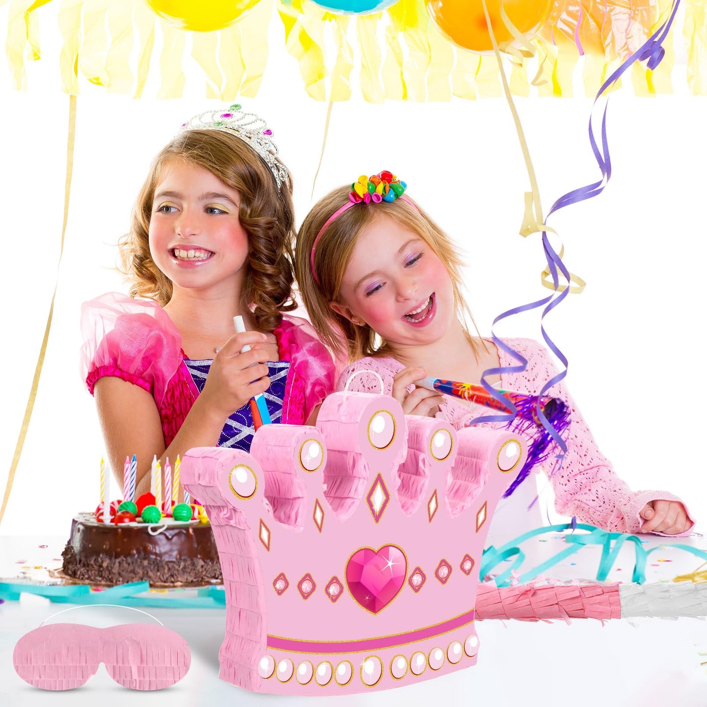 Princess Crown Piñata Bundle Girl Princess Party Piñata Set Include Pink Princess Crown Piñata Stick Blindfold Mask For Princess Theme Baby Shower Birthday Party Supplies Decor, 16.1 X 12.6 X 3 Inch