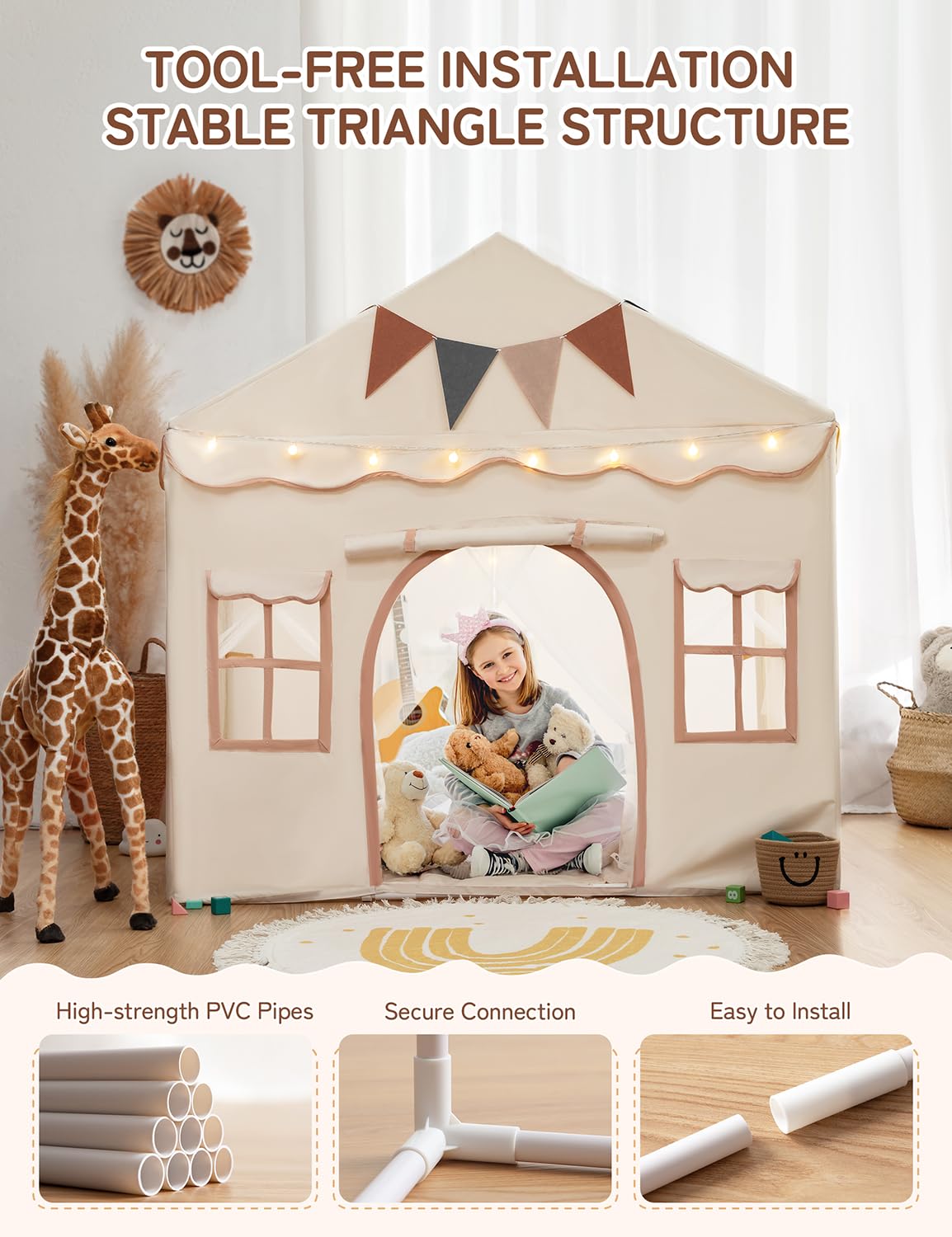 Besrey Kids Tent, Kids Playhouse 2 In 1 With Padded Mat And Lights, Large Play Tent With 2 Doors & 4 Windows, Kids Play Tent Indoor & Outdoor, Christmas Toddler Tent For Kids, 51' X35' X 51'
