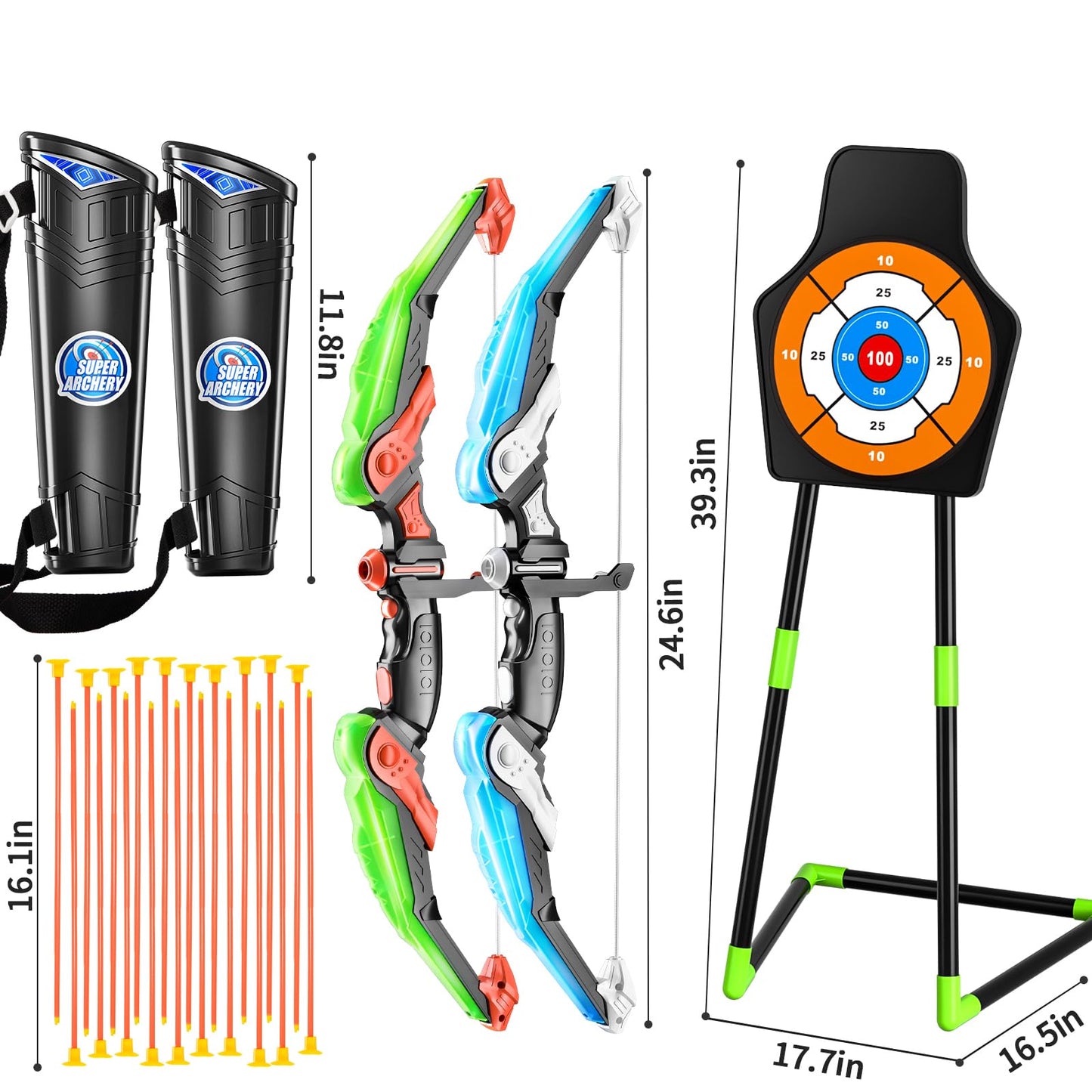 Temi 2 Pack Archery Set - Includes 2 Bows, 20 Suction Cup Arrows & 2 Quivers & Standing Target, Outdoor Light Up Toys For Kids B