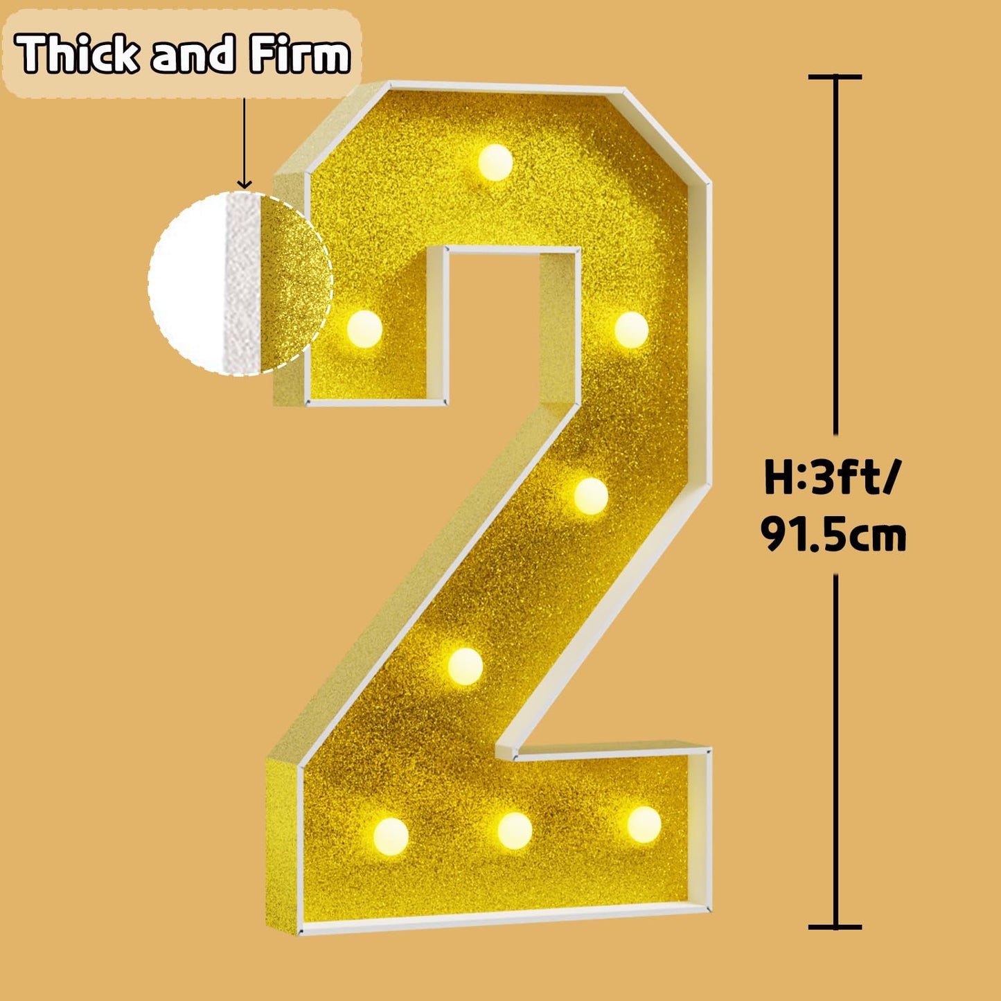 Imprsv Marquee Numbers Gold 3Ft: Golden Party Decor - Light Up Number 2 Large 3 Feet Tall - Birthday Decorations For Him Her 2Rd