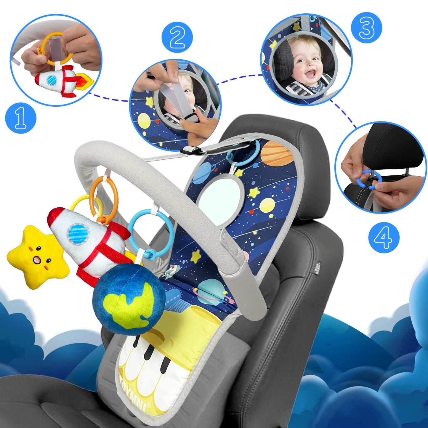 Toymni Car Seat Toys For Baby Infant 6 Months And Up, Carseat Toys With Musical Pedal Piano, Baby Mirror And Hanging Squeaky Sen