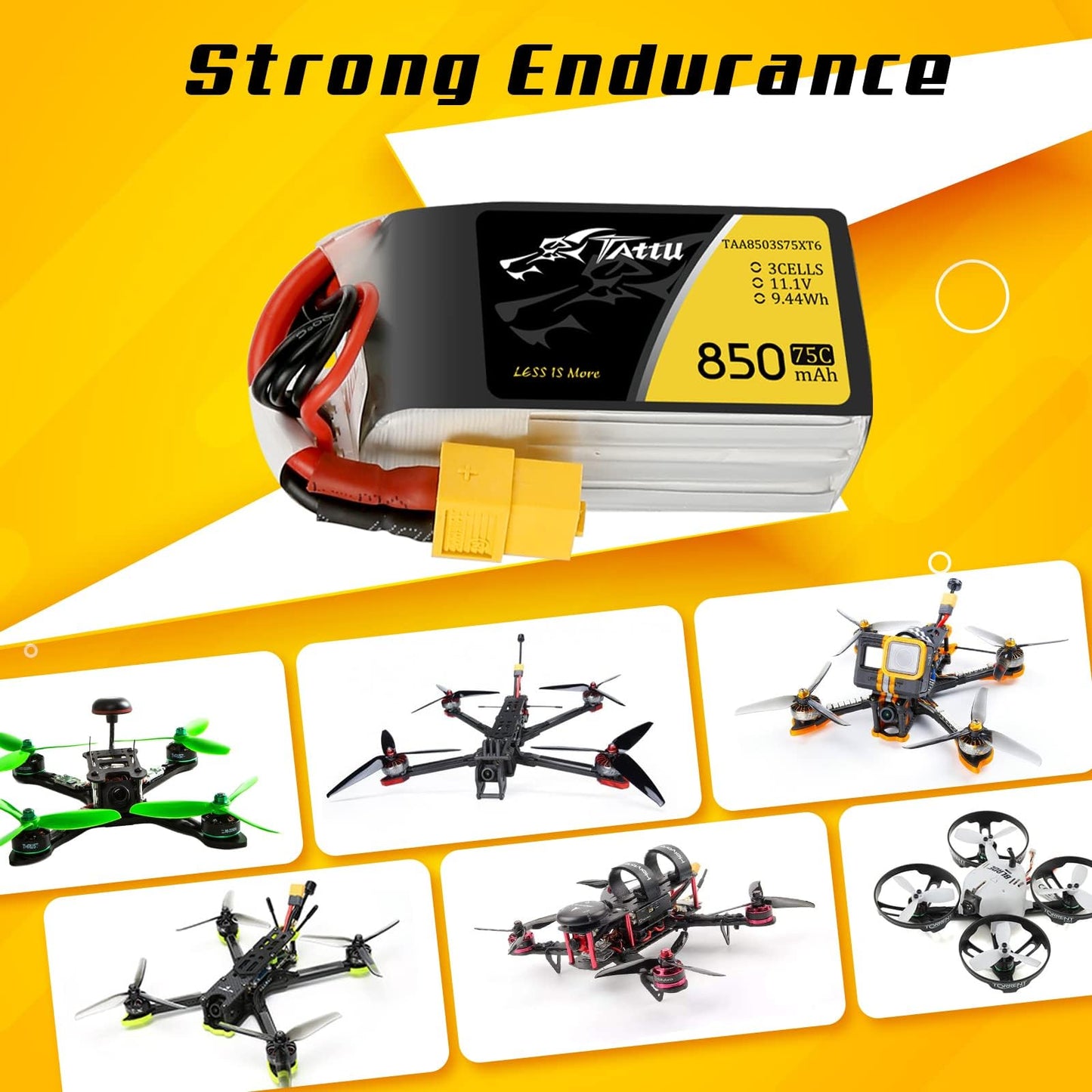 TATTU 850mAh 11.1V 75C 3S LiPo Battery Pack with XT60 Plug(2 Pcs)