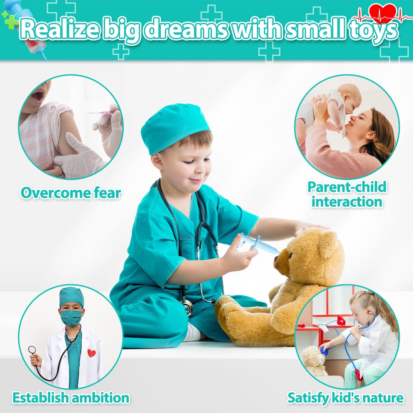 Parttely Doctor Costume For Kids, Halloween Costumes Career Day Costume For Kids Aged 3-8, Kids Scrubs With Lab Coat