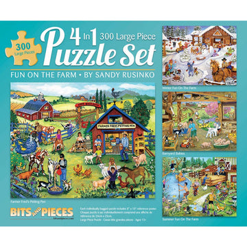 Bits And Pieces – 4-In-1 Multi-Pack 300 Piece Jigsaw Puzzles For Adults – Fun On The Farm By Artist Sandy Rusinko, Completed Puzzle Size: 16' X 20'
