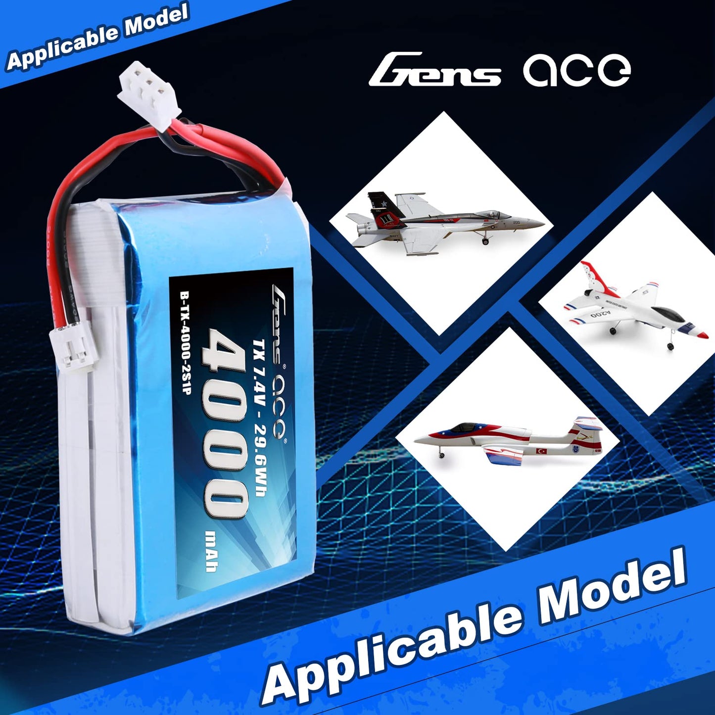 Gens ace 4000mAh 7.4V 2S TX LiPo Battery Pack with JST-EHR Plug for Spektrum DX9 DX8 DX7S DX7 Transmitter