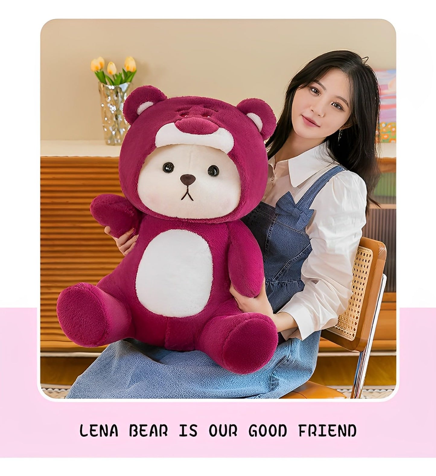 Bilibang Cartoon Plush Teddy Bear Toy, 11" Cotton, Pink Strawberry Bear, Removable Stitchhat