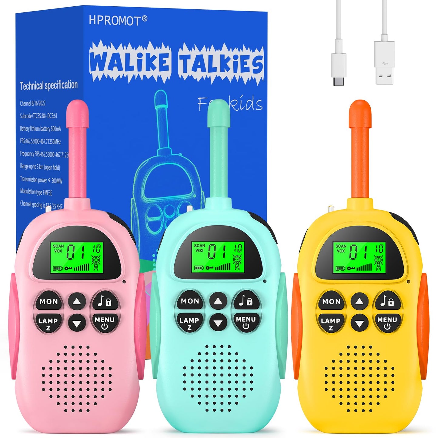 Hpromot Walkie Talkies For Kids Rechargeable 3 Pack Kids Walkie Talkies, Long Range 22 Channels 2 Way Radio Kids Birthday Toy Gi