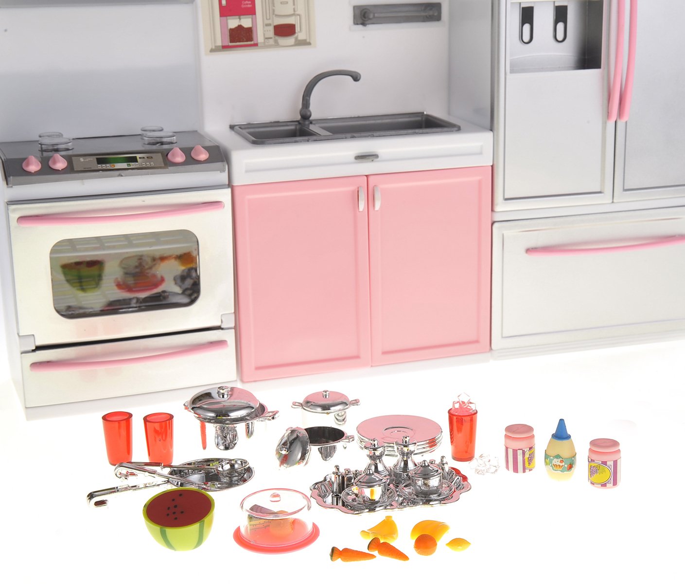 PowerTRC Doll Kitchen Play Set, Mini Modern Toy Pink Kitchen Pretend Play Furnitures Toy Set Accessories Set with Realistic Ligh