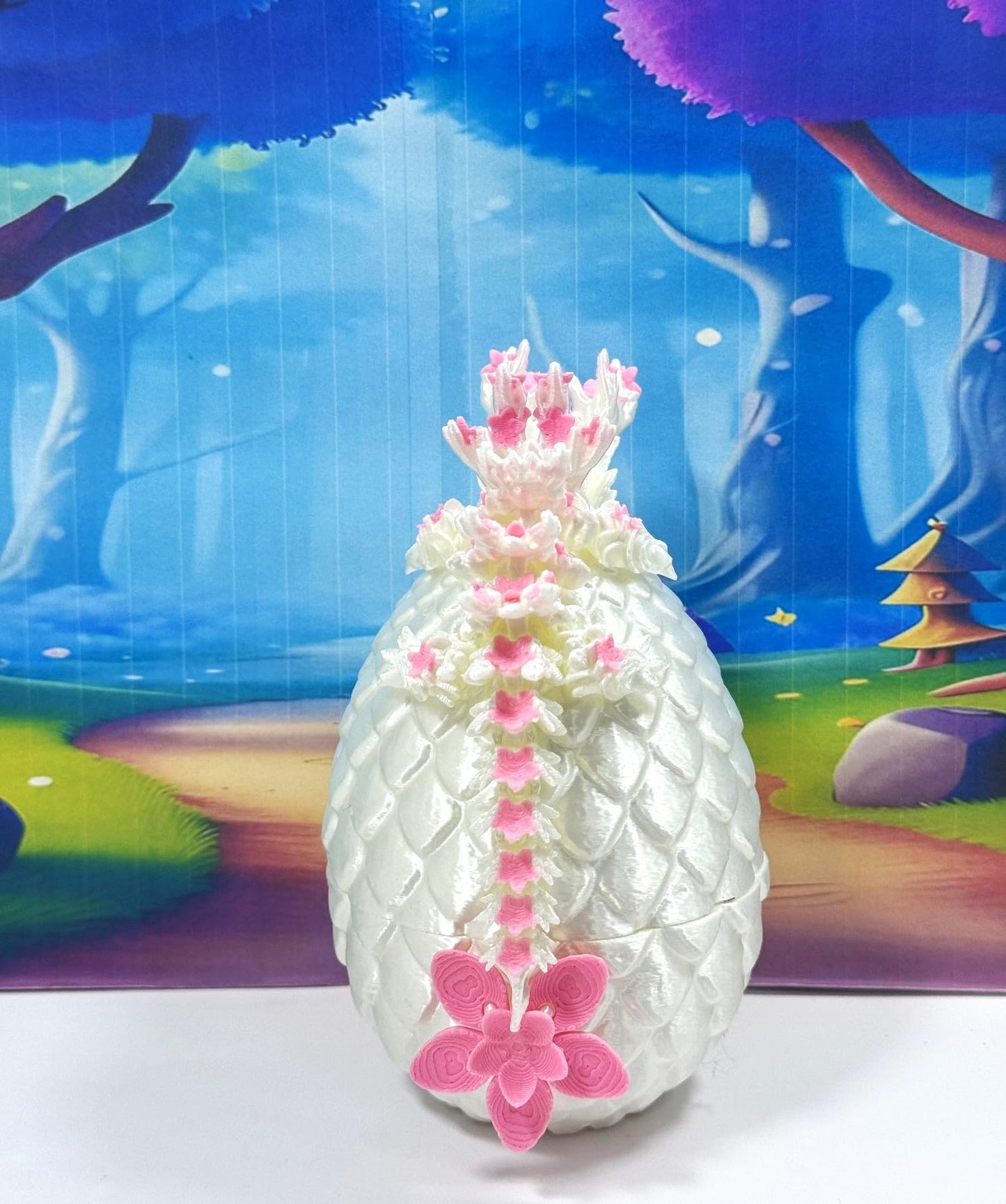3D Printed Dragon With Egg, Articulated 6'' Pink And White Cherry Blossom Baby Dragon, Fidget Adhd Autism Toy Bd004-Wht
