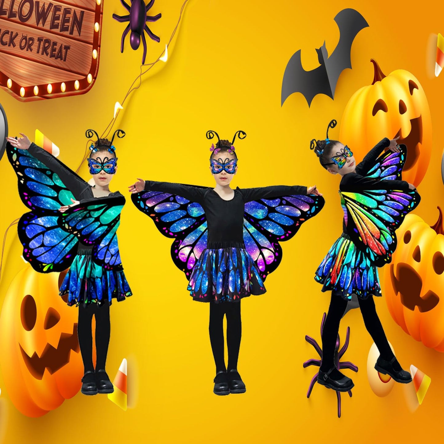 Jackcell Butterfly Wings Costumes for Girls - Double Sided Butterfly Cape Halloween Costume with Fairy Skirt for kids, Fairy Win