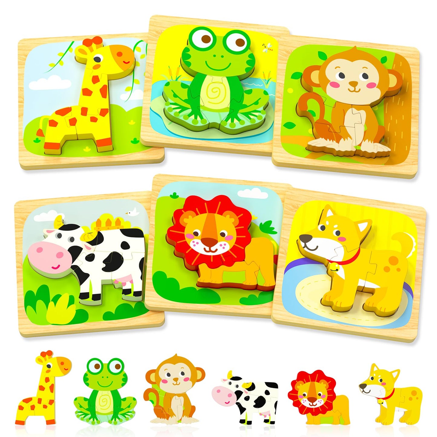 Benresive Wooden Toddler Puzzles, 6Pcs Animal Montessori Toys For 1-3 Year Old Boys & Girls, Learning Educational Preschool Toys, Great Gifts For 1 2 3 Year Olds