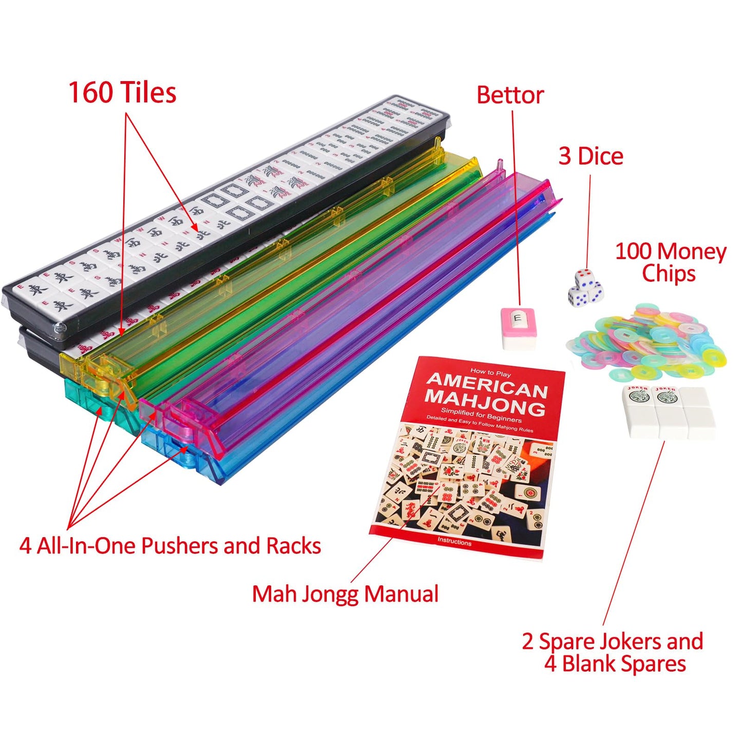 Jongyance American Mahjong Set With Blue Carrying Bag, 166 White Tiles, 4 All-In-One Rack/Pushers, Mahjong Tiles Set (Ma Jong, M