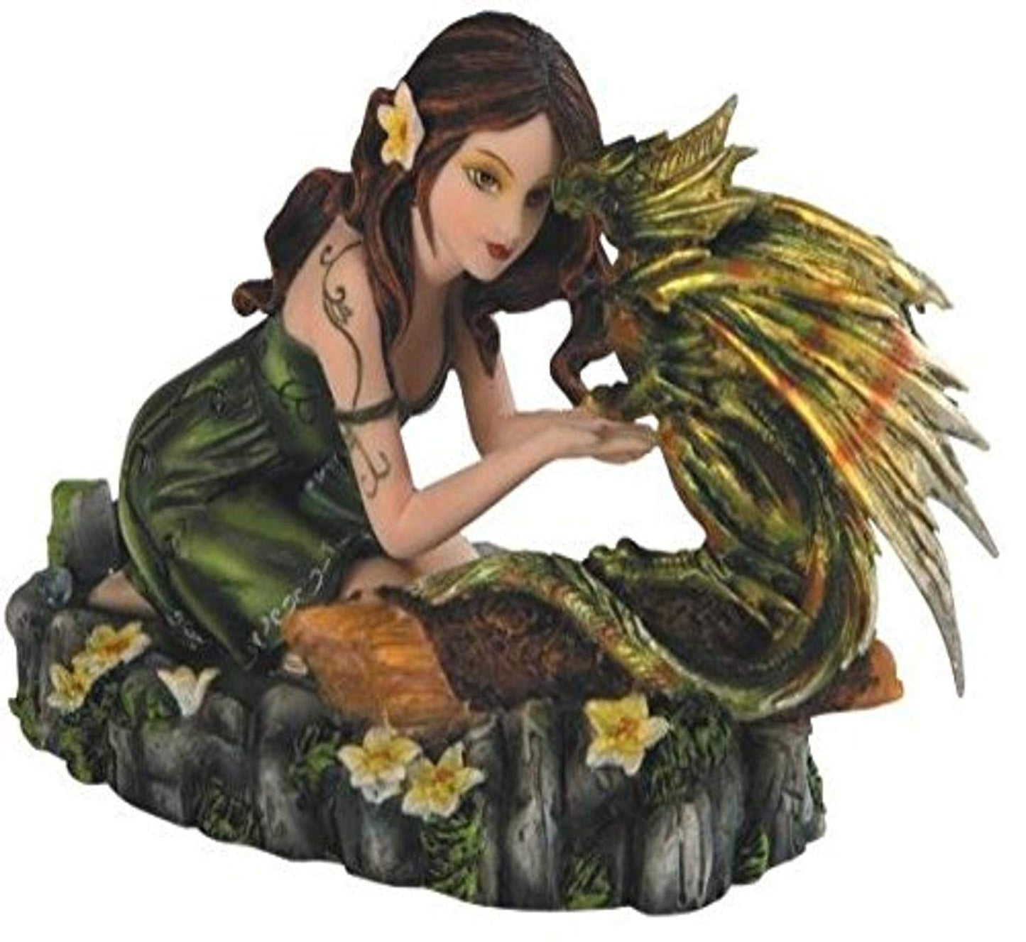 Stealstreet Green Fairy Kneeling With Small Green & Yellow Dragon Figurine