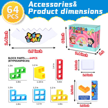 BBnote 64PCS Stack Game for mature-themed & Kids Tetra Board Tower Games for Family Travel Party 2 Players Balance Stacking Toy Team Toys Building Block