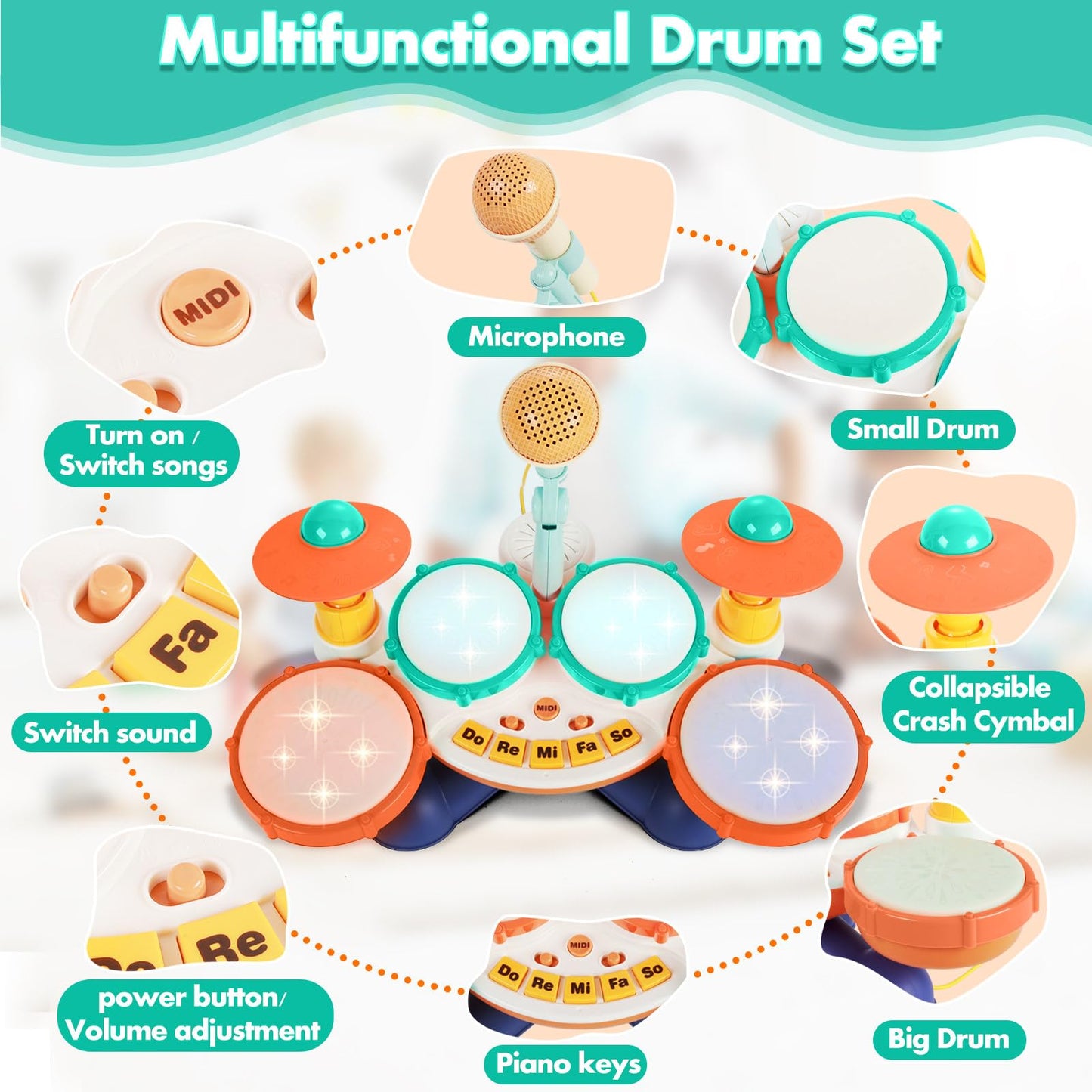 Kids Drum Set Baby Drums - Drum Set For Toddlers 1-3, 4 Beats Flash Light Baby Drum With Microphone & Without Drumsticks, Baby D