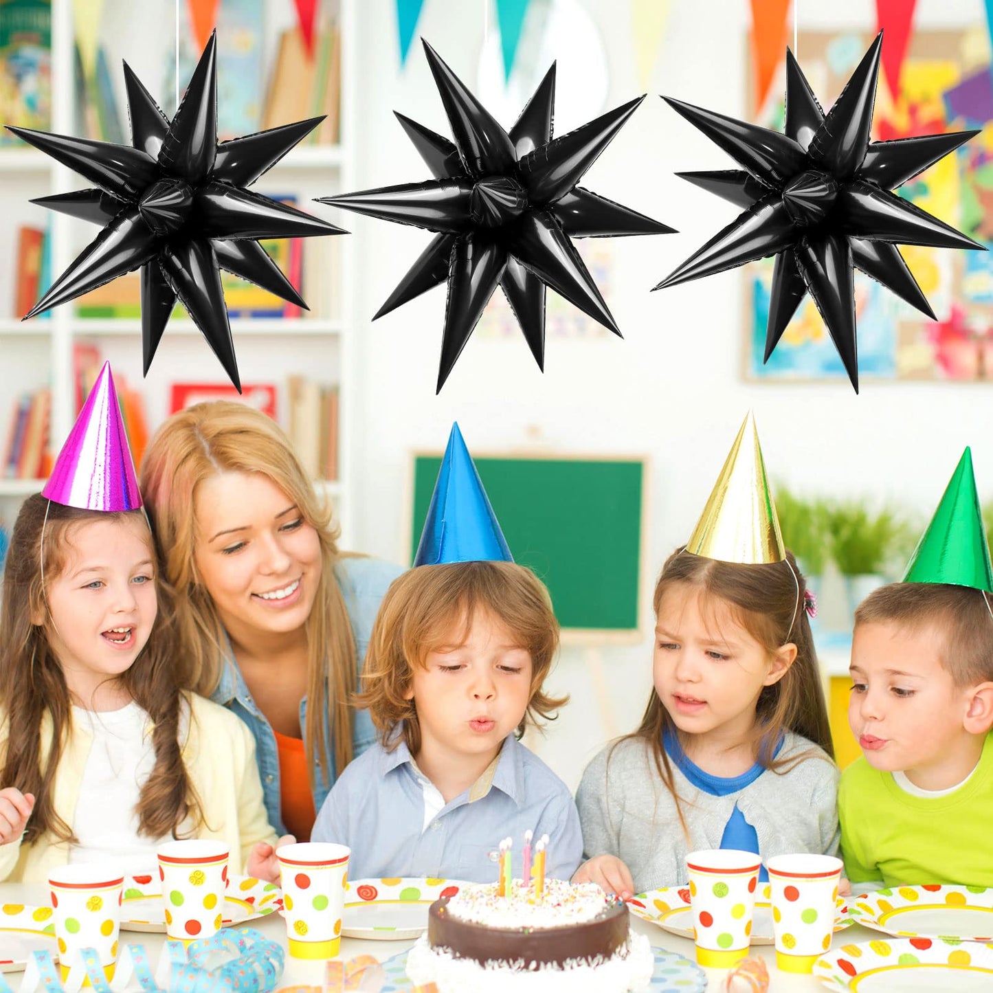 60 Pcs Black Star Balloons Explosion 12 Point Foil Cone Balloons Magic Starburst Balloons Large For Wedding Anniversary Backdrop