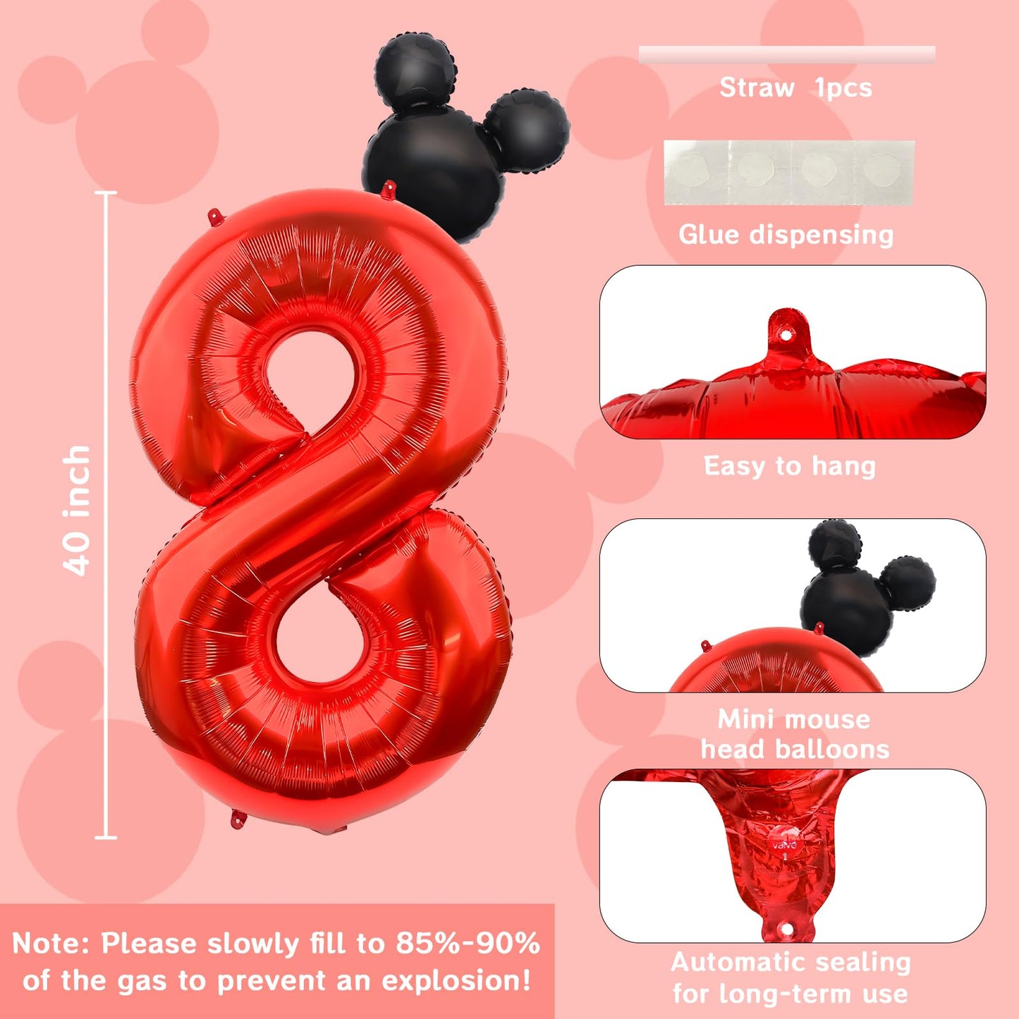 Lebery Mouse Number 8 Balloon 40 Inch Red Number 8 Balloon Mini Mouse Head Balloon For 8Th Birthday Party, Black Red Large Number 8 Foil Balloon For Baby Shower Anniversary Supplies Decorations
