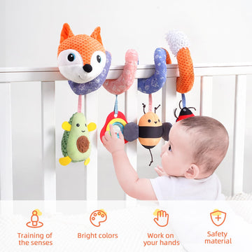 Koty Car Seat Toys, Infant Baby Spiral Plush Activity Hanging Toy For Stroller Bar Pram Crib With Music Box Bb Squeaker & Rattles(Orange Fox)