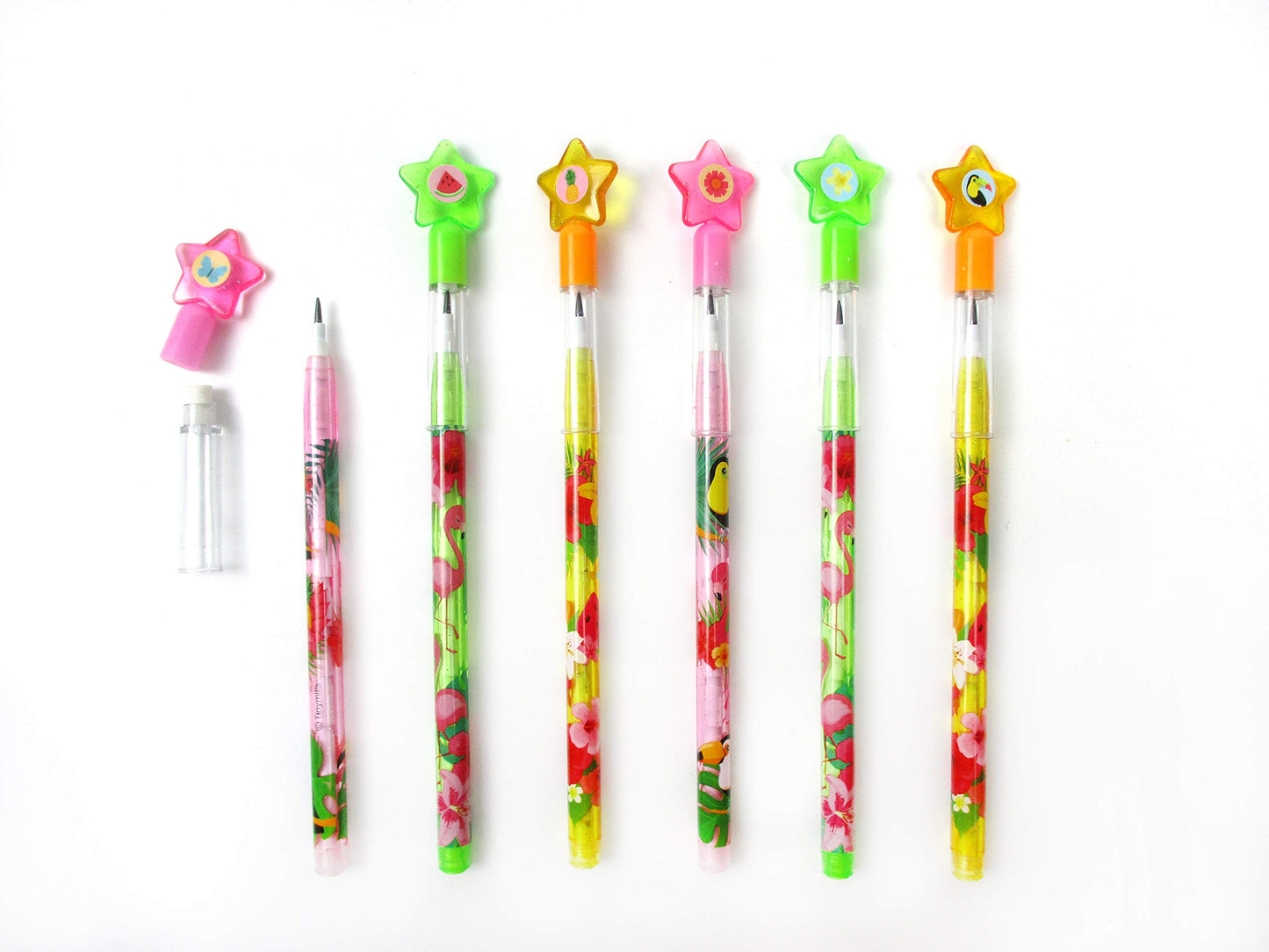 TINYMILLS 24 Pcs Flamingo Tropical Luau Multi Point Stackable Pencil with Eraser for Flamingo Luau Birthday Party Favor Prize Ca