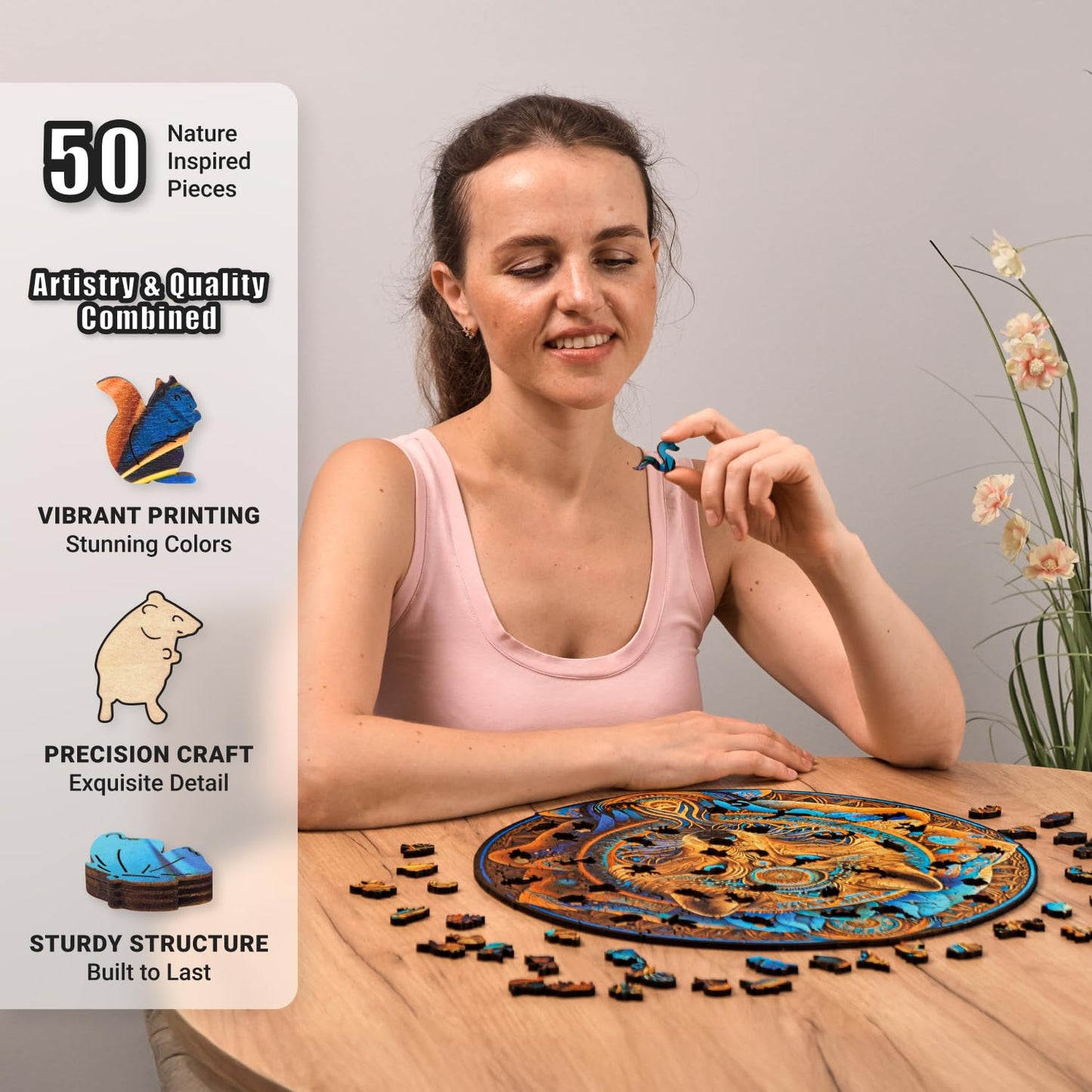 Wolf Enchantment - 500 Piece Wooden Puzzles for mature-themeds - 18 x 17.7 in - Extra-Thick 5 mm Wood Puzzle Hand-Shaped Pieces Round XL Mosaic Design - enhanced Gift for Puzzle Lovers by LEOGOR