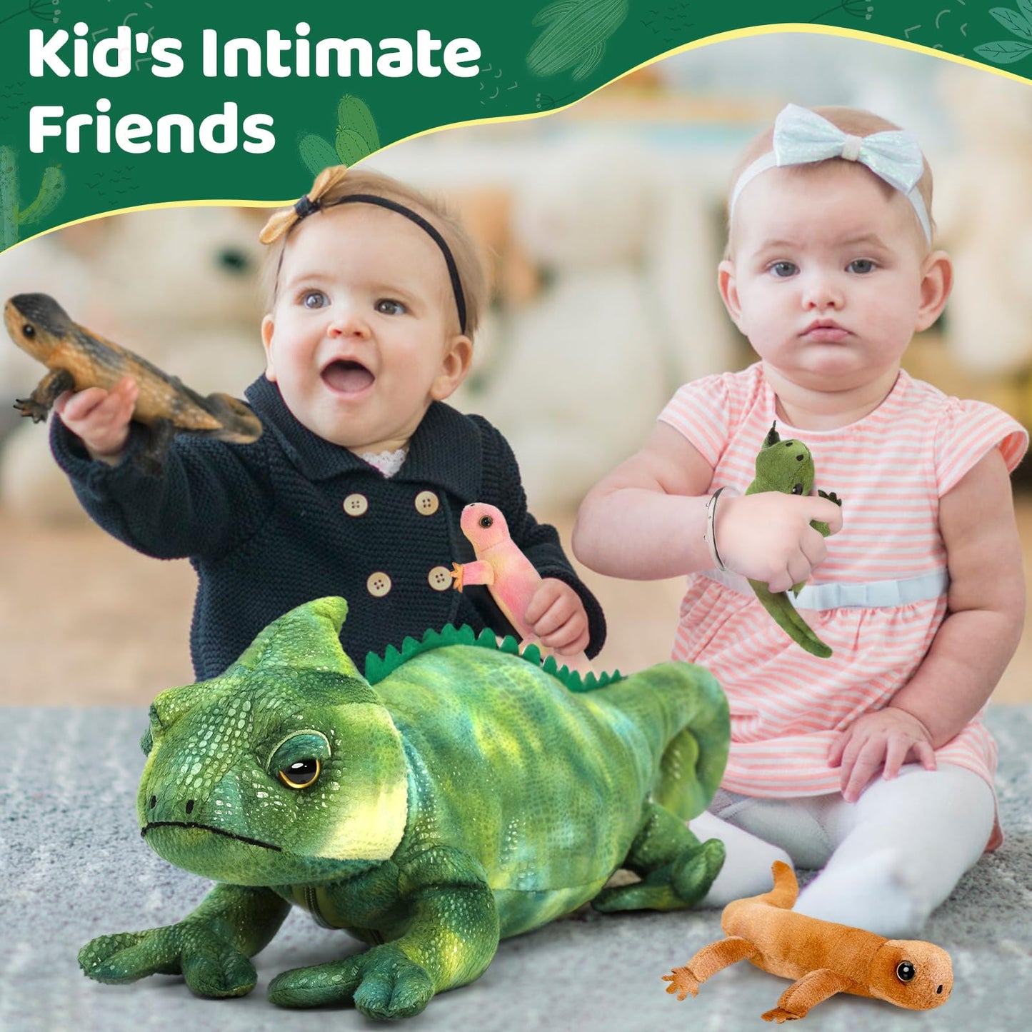 Karister Giant Lizard Plush Toy - 27" Mother Iguana with 4 Baby Lizards, Green Polyester Stuffed Animal for Kids, Model W383_0_68