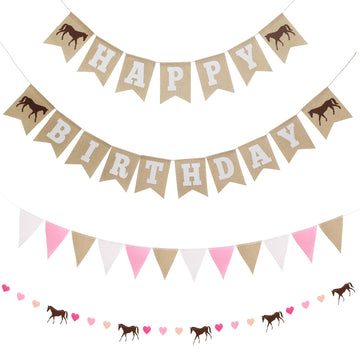 Horse Birthday Decorations - Happy Birthday Burlap Banner - Felt Horse Garland And Pennant Banner - Horse Party Supplies