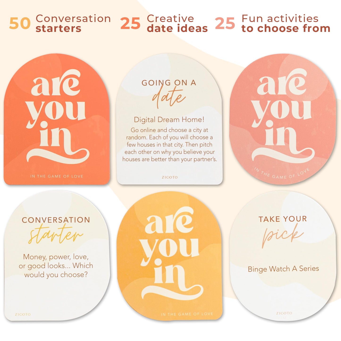 Zicoto 100 Date Ideas And Couples Game Cards - Set Of 3 Unique Games For Your Girlfriend, Boyfriend, Wife/Husband, Her/Him As A Gift For Christmas - 25X Date Night Cards, 50X Conversation Starters