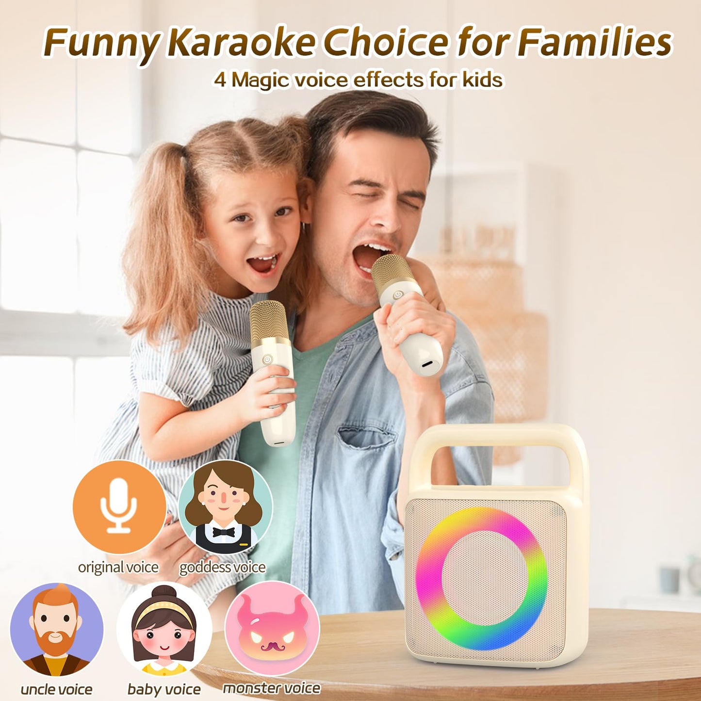 Meguo Karoke Machine With 2 Wireless Mics,Portable Karaoke Microphone Toys With Colorful Lights And Magic Voices For Camping Par