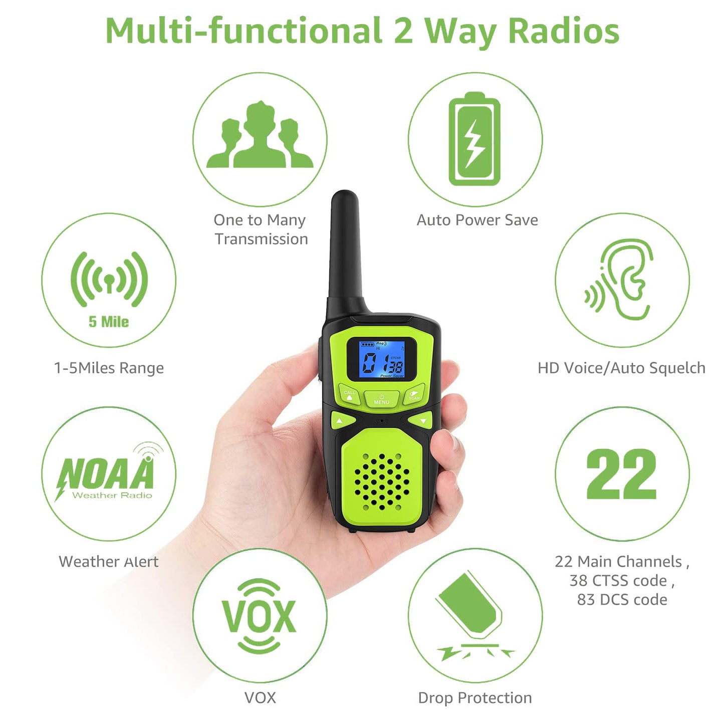 Woktok Adult Walkie Talkies Long Range Rechargeable Portable Two-Way Walkie Talkie, Camping Gear, Sos Sirens, Noaa Weather Alarms, Kid'S Toys, Easy-To-Use Walkie Talkies,2 Packs(No Batteries)