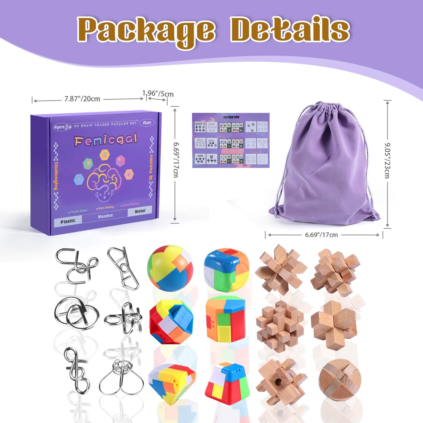 Femicgal Brain Teaser Puzzles For Adults And Kids, 18Pcs Puzzle Games Set, 3D Wooden Plastic Metal Puzzle, Unlock Interlock Mind
