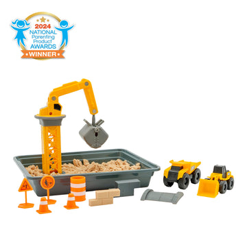 Cat Construction Toys, Dig N' Build Dirt Playset With 12 Oz Of Dirt Compound, 2 Little Machine Vehicles, Crane, Molds, And Storage Tray, Indoor/Outdoor Play For Kids Ages 3+