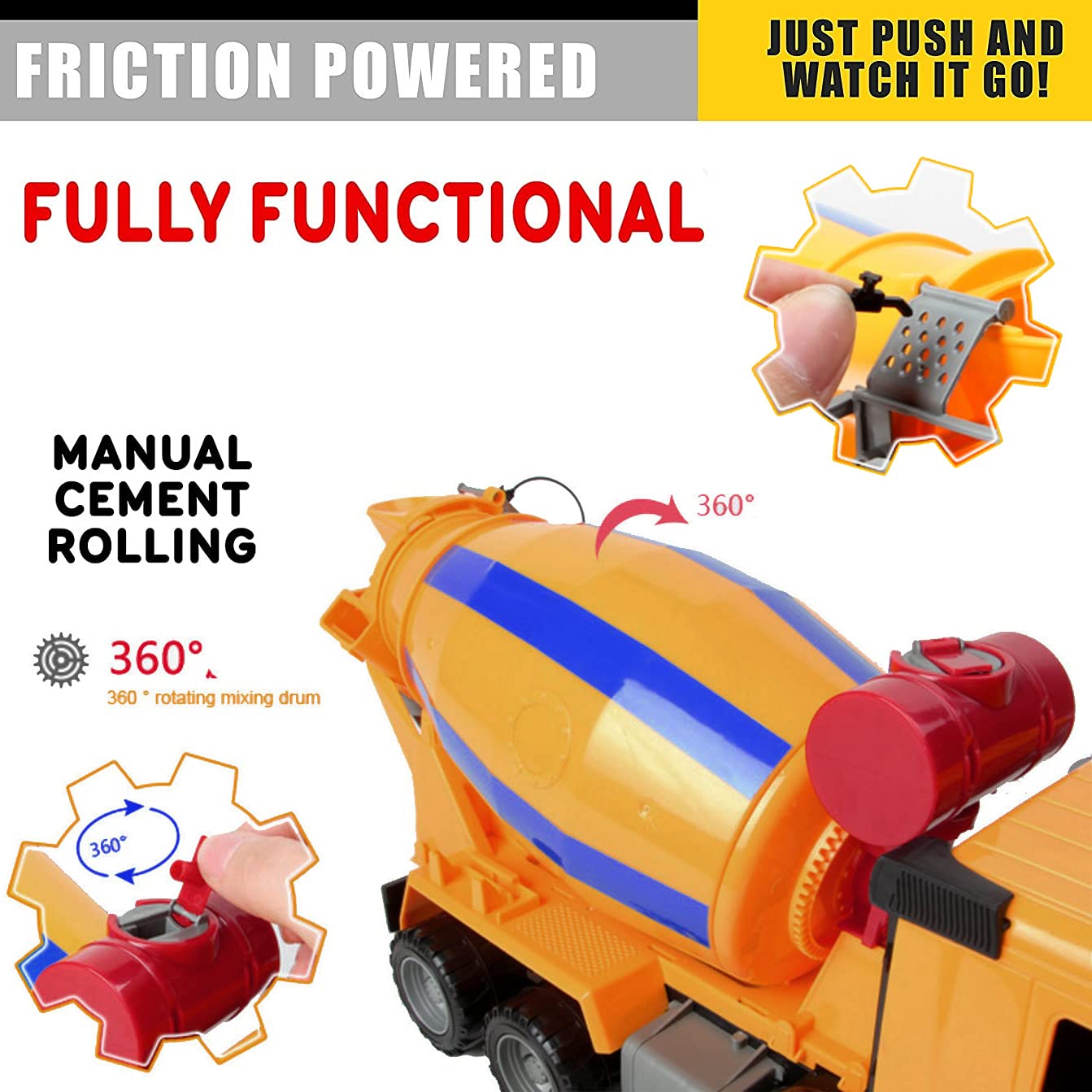 Liberty Imports 14'' Oversized Cement Mixer Truck Friction Powered Big Construction Vehicle Toy for Kids Pretend Play