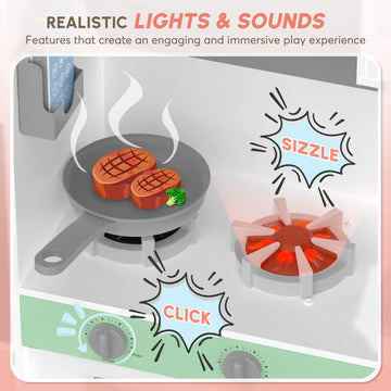 BIERUM Play Kitchen with Realistic Lights & Sounds, Wooden Kitchen Playset with 28 Pcs Toy Food & Cookware Accessories, Toy Kitc