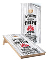 Cornhole Wraps #434 -Welcome To Our Firepit Cornhole Graphic Decals - Includes Application Squeegee - Set Of (2) 25'' X 49'' Wra